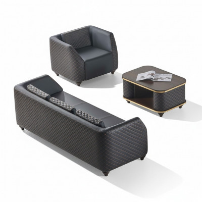 Sofa-set 3-zitsbank fauteuil salontafel zwart bruin leer bekleding hout