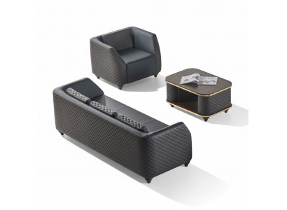 Sofa-set 3-zitsbank fauteuil salontafel zwart bruin leer bekleding hout