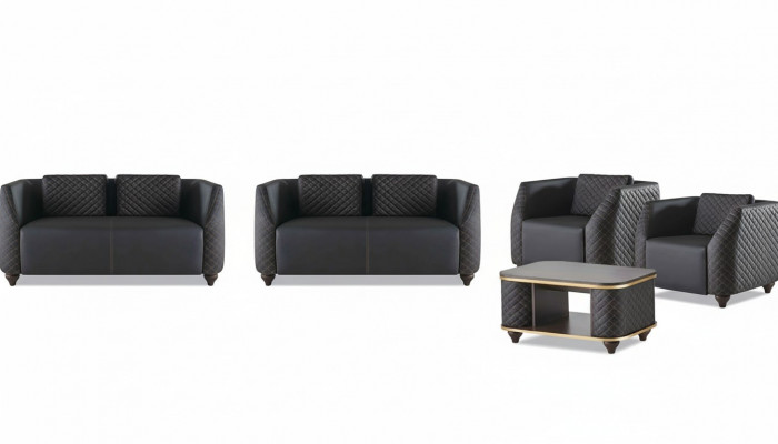 Bankstel 2-zits fauteuil salontafel zwart bruin bekleding leer kussen
