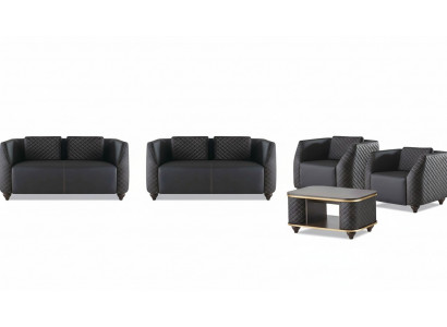 Bankstel 2-zits fauteuil salontafel zwart bruin bekleding leer kussen