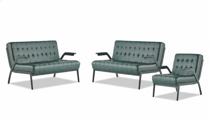Bankstel 2-zitsbank Fauteuil Groen Roestvrij Staal Modern Leer Chesterfield Hout
