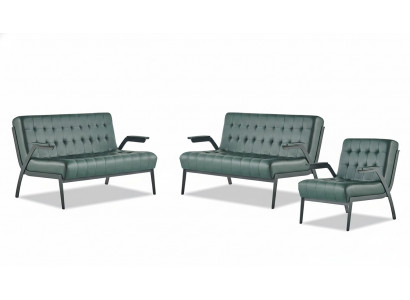 Bankstel 2-zitsbank Fauteuil Groen Roestvrij Staal Modern Leer Chesterfield Hout