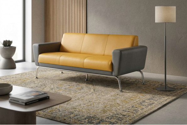 Lederen bankstel Geel Grijs 3-zits bank Driezits Leder Roestvrij staal Modern Hout