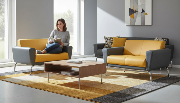 Lederen banken Sofa-Set 2-zits Geel Grijs Roestvrij staal Moderne Bank Compleet