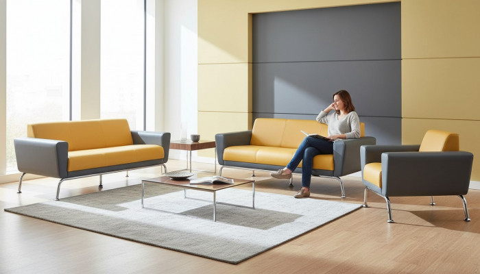 Lederen bankstel Leer Roestvrij staal Modern Geel Grijs 3-zits Fauteuil Bankstel