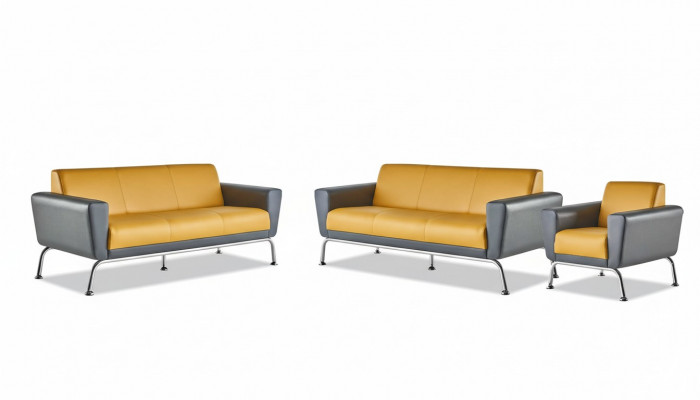 Lederen bankstel Leer Roestvrij staal Modern Geel Grijs 3-zits Fauteuil Bankstel