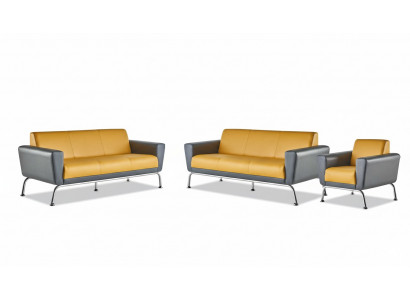 Lederen bankstel Leer Roestvrij staal Modern Geel Grijs 3-zits Fauteuil Bankstel