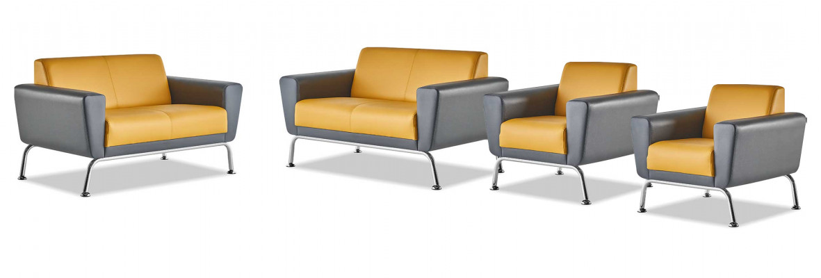 Compleet set 2-zits fauteuil geel grijs roestvrij staal lederen sofa's bankstel