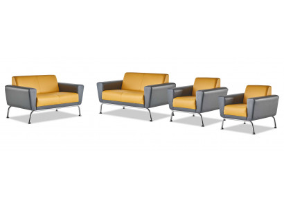 Compleet set 2-zits fauteuil geel grijs roestvrij staal lederen sofa's bankstel
