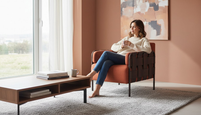Leunstoel Fauteuil Oranje Textiel Modern Leder Textiel 1-zitter Zacht