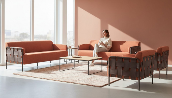 Komplett bankstellen 3-zits 2x Fauteuils Oranje Bank Leer Textiel Roestvrij staal