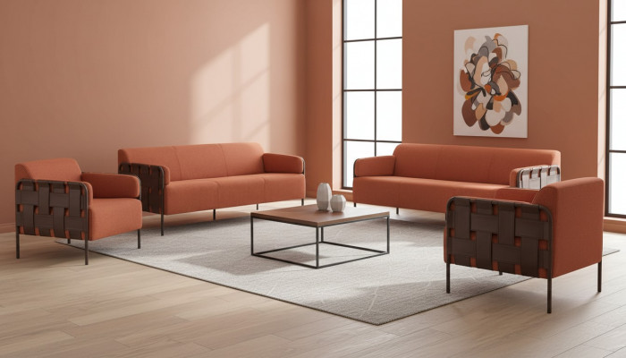 Komplett bankstellen 3-zits 2x Fauteuils Oranje Bank Leer Textiel Roestvrij staal