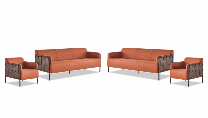 Komplett bankstellen 3-zits 2x Fauteuils Oranje Bank Leer Textiel Roestvrij staal