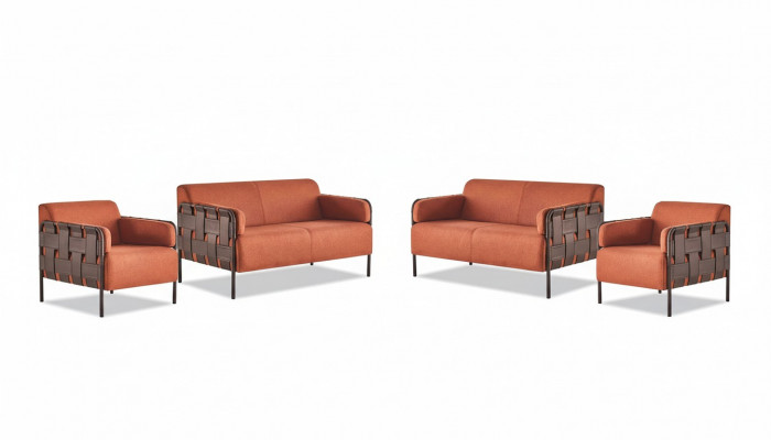 Sofa-Set 2-zitter 2x fauteuils Oranje Modern Textiel Roestvrij staal Sofagarnituren