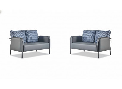 Leren zitbankenset grijs blauw kussens 2-zits banken modern bekleding textiel