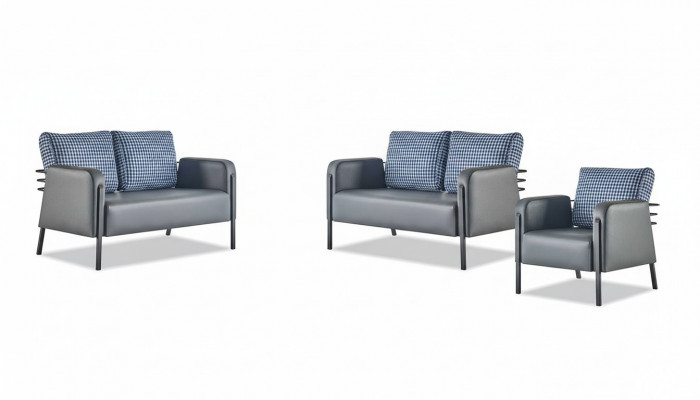 Compleet lederen bankstel 2-zits fauteuil modern grijs blauw leer textiel