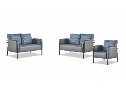 Compleet lederen bankstel 2-zits fauteuil modern grijs blauw leer textiel
