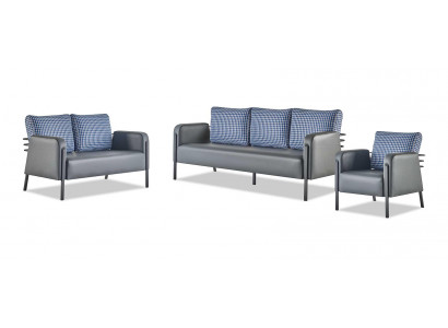 Modernere bankstel 3-zits 2-zits fauteuil blauw grijs leer roestvrij staal