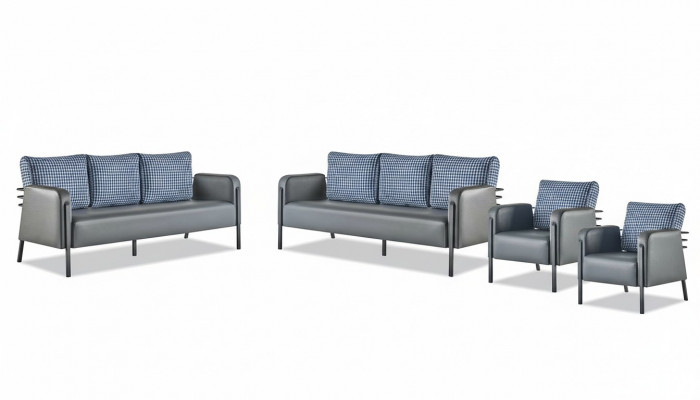 Bankstellen Kussens Roestvrij staal Ledersofa Set 3-zits Fauteuil Grijs Blauw Textiel