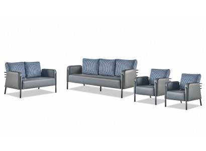 Compleet zitmeubelset 3-zits, 2-zits, fauteuil grijsblauwe leren bekleding.