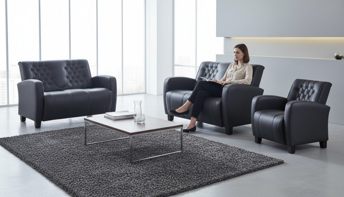 Lederen bankstel 2-zits fauteuil Chesterfield bank zwart modern knopen