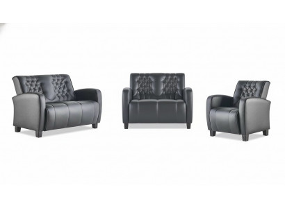 Lederen bankstel 2-zits fauteuil Chesterfield bank zwart modern knopen