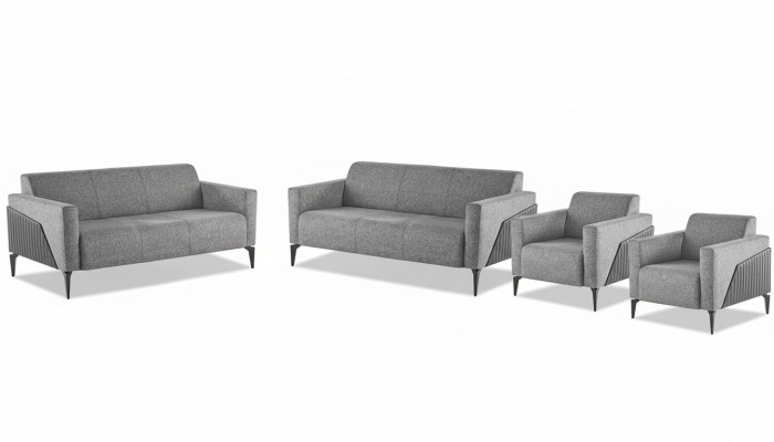 Zitmeubel Compleet Modern Set 3-Zitsbank Fauteuil Grijs Textiel RVS Leder