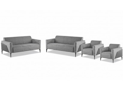 Zitmeubel Compleet Modern Set 3-Zitsbank Fauteuil Grijs Textiel RVS Leder