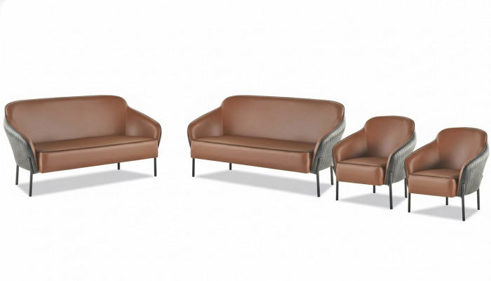 Bankstel Bruin Zwart Sofagarnituur 2-Zits Fauteuil Leer Roestvrij Staal Hout