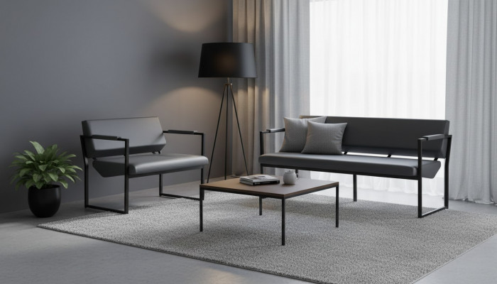 Ledersofa set 3-zits 2-zits zwart leer modern roestvrij staal bank