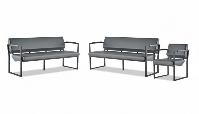 Compleet bureauset, 2-zits sofa's en fauteuils, zwart lederen sofa's, modern leer.