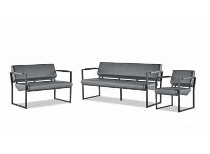 Compleet zwart lederen sofaset bank 3-zits 2-zits fauteuil hout