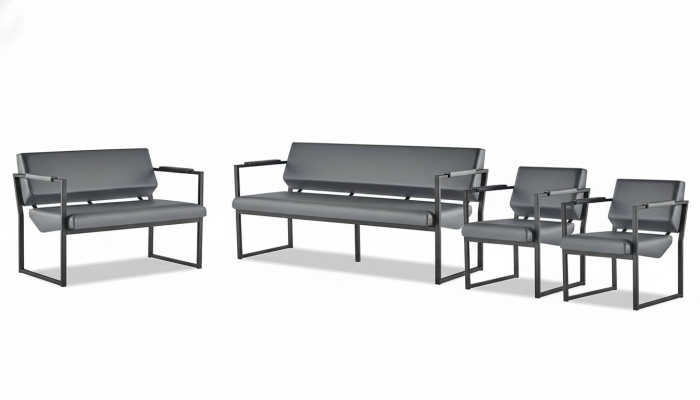 Compleet set banken 3-zits 2-zits fauteuil zwart lederen banken roestvrij staal