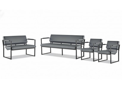 Compleet set banken 3-zits 2-zits fauteuil zwart lederen banken roestvrij staal