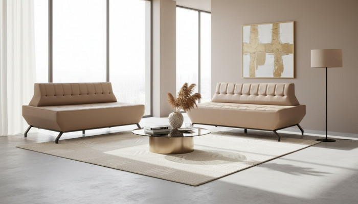 Ledersofa set 2-zitter beige leder Art Deco stijl Chesterfield roestvrij staal