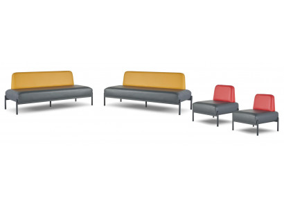 Compleet lederen sofa's 3-zits fauteuil zwart art deco roestvrij staal rood geel