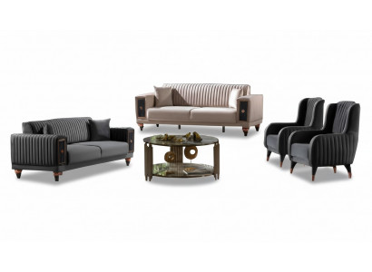 Sofagarnitur Beige-Schwarz Designer 2x Dreisitzer Polstersessel Luxus Möbel