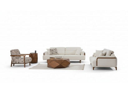 Sofagarnitur 3+3+1 Sitzer Modern Beigefarben Holzdetails Wohnzimmer Design