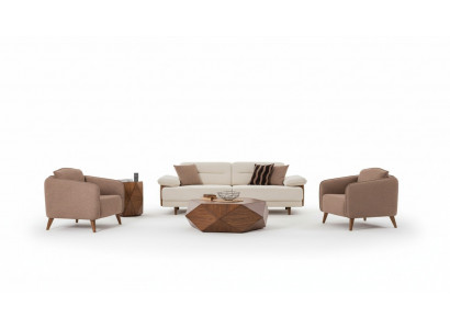 Sofagarnitur 3+3+1 Sitzer Beige Braun Stoffbezug Holzfüße Skandi Modern Stil