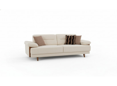 Sofa 3-Sitzer Beige Stoff Holzdetails Skandi Stil Modern Komfort Wohnzimmer