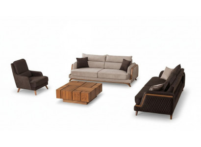 Sofagarnitur 3+3+1 Sitzer Beige Braun Stoff Holzfüße Skandi Modern Wohnzimmer