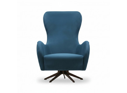 Blauer Stoffsessel modern elegant mit Holzrahmen