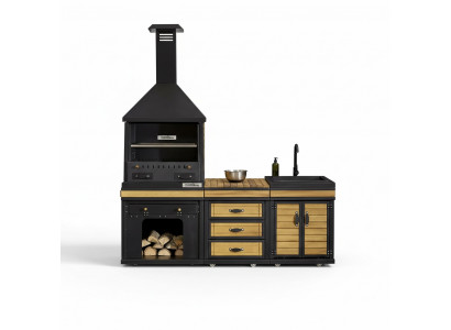 Moderne Außenküche in Schwarz aus Holz und Edelstahl