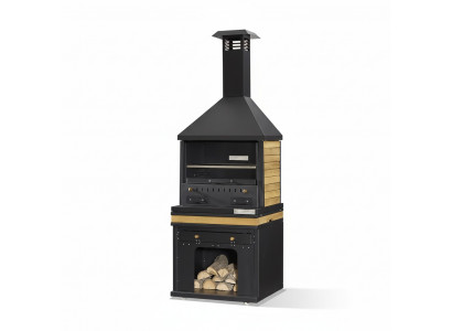 Schwarzer Grillkamin aus Holz und Edelstahl für Garten und Terrasse