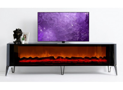 Luxuriöser TV-Schrank: Glasfronten, Beine aus Hartkunststoff  und Elektrokamin