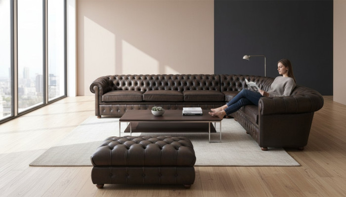 Klassiek hoekbankstel hoekbank bankstel sofa gestoffeerd leer zitmeubel Chesterfield set