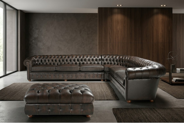 Klassiek hoekbankstel hoekbank bankstel sofa gestoffeerd leer zitmeubel Chesterfield set