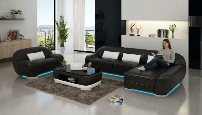 Ledersofa Bank Woonlandschap Hoekbank + Fauteuil Hoekset Design