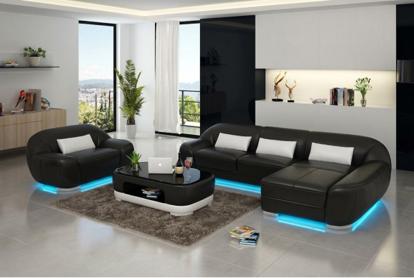 Ledersofa Bank Woonlandschap Hoekbank + Fauteuil Hoekset Design
