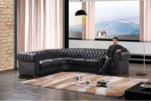 Chesterfield hoekbank L-vormige bank Designer bank Zwart Bank 100% Leer Direct